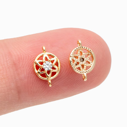 10pcs CZ Pave Gold Flower Connectors, 18K Gold plated Brass, Tiny Flower Charm (GB-3780-C)