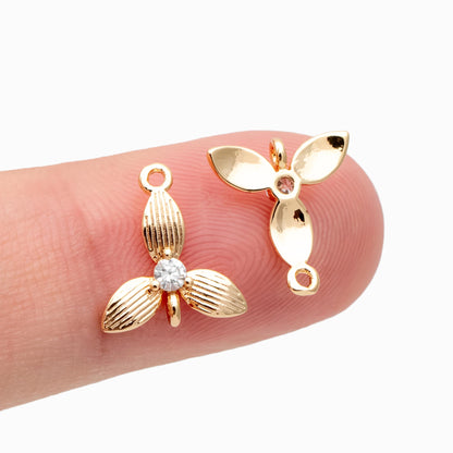 10pcs CZ Pave Gold Leaf Charms 11x10.5mm, Mini Flower Connector Pendants (GB-3780-F)
