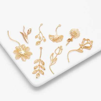 10pcs Gold Flower Leaf Charms, 18K Gold plated Brass, Dainty Earring Pendants (GB-4425)