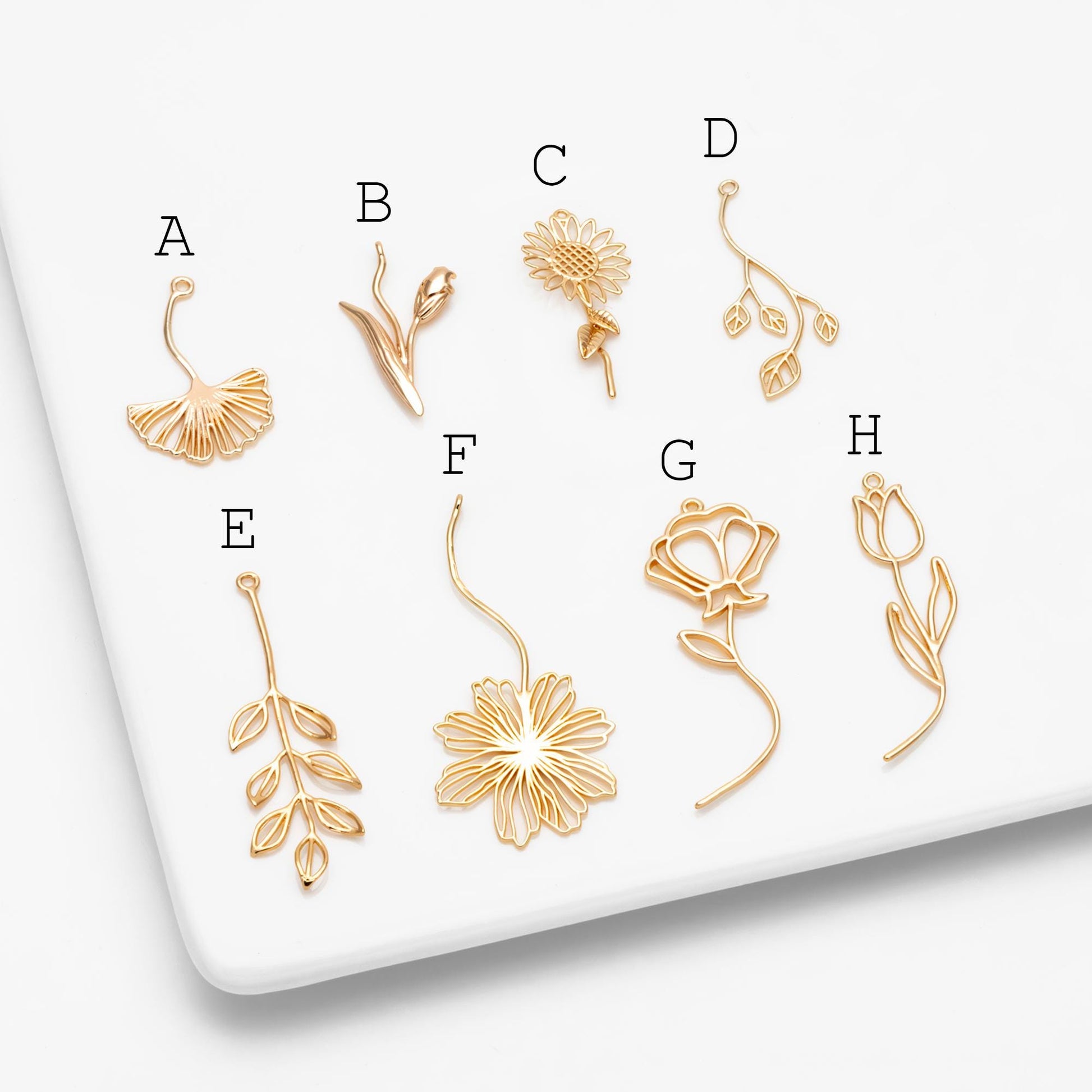 10pcs Gold Flower Leaf Charms, 18K Gold plated Brass, Dainty Earring Pendants (GB-4425)