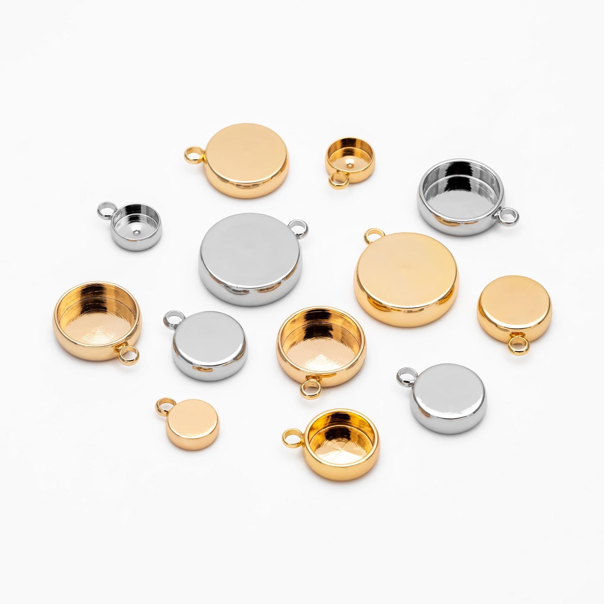 10pcs Gold/ Silver tone Bezel Setting, Round Blank Charm Pendants, inner 8/ 10/ 12mm, Gold/ Rhodium plated Brass Cabochon Base (GB-1748)