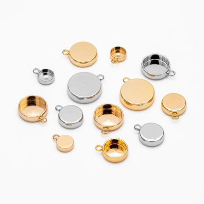 10pcs Gold/ Silver tone Bezel Setting, Round Blank Charm Pendants, inner 8/ 10/ 12mm, Gold/ Rhodium plated Brass Cabochon Base (GB-1748)