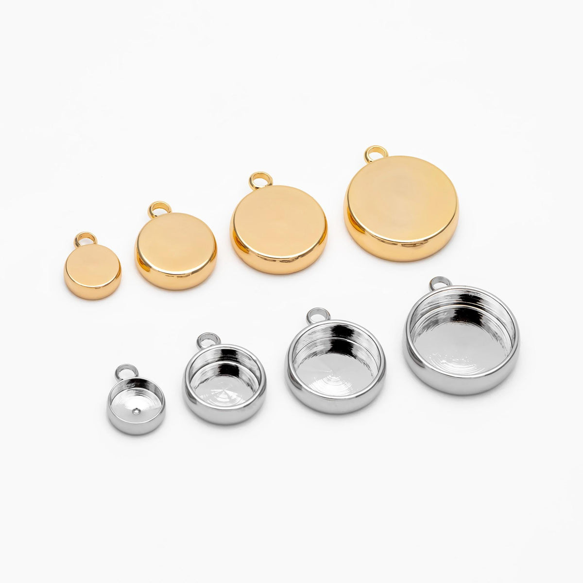 10pcs Gold/ Silver Bezel Setting, Round Blank Charm Pendants, inner 6/ 8/ 10/ 12mm, Gold/ Rhodium plated Brass Cabochon Base (GB-1748)