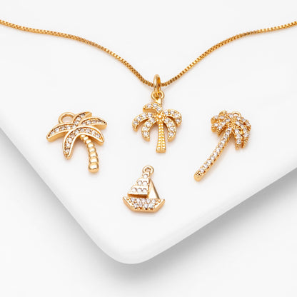 4pcs CZ Pave Sailboat & Tree Charms: 18K Gold Plated Brass, (GB-2374)