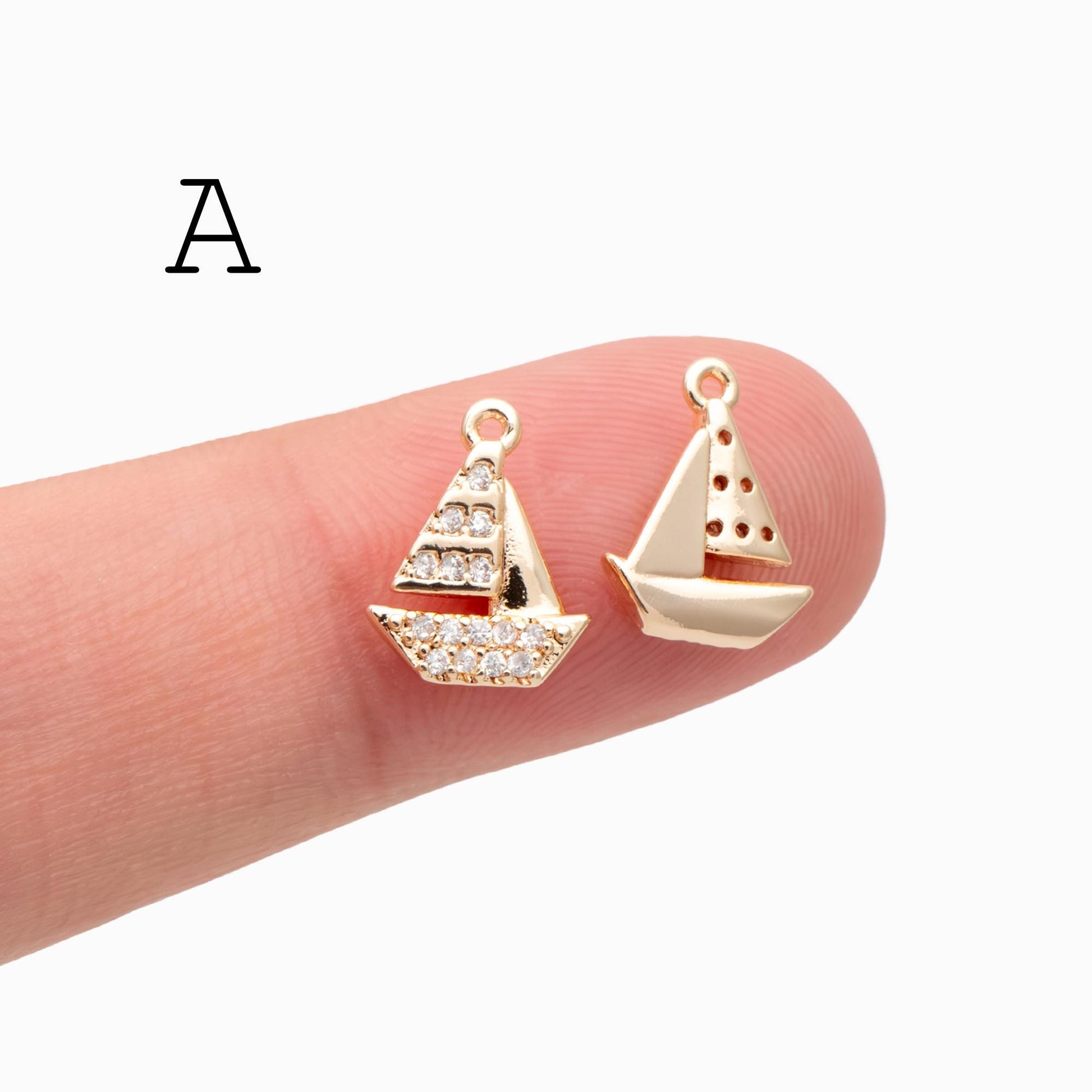 4pcs CZ Pave Sailboat & Tree Charms: 18K Gold Plated Brass, (GB-2374)
