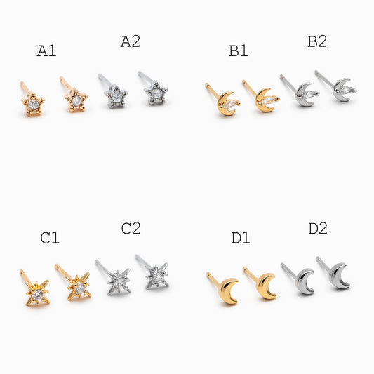 10pcs Minimalist Gold Stud Earring - Sun, Moon, Star Styles (#GB-3041)