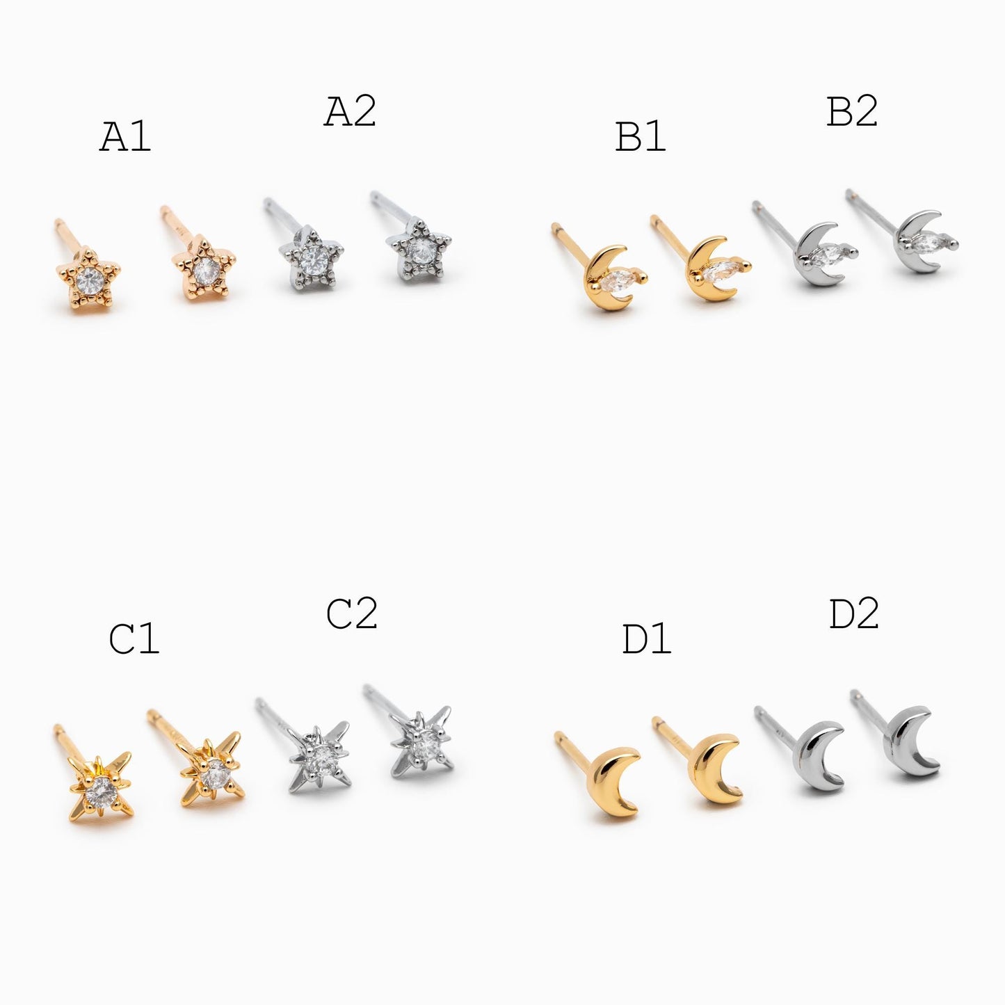 10pcs Minimalist Gold Stud Earring - Sun, Moon, Star Styles (#GB-3041)