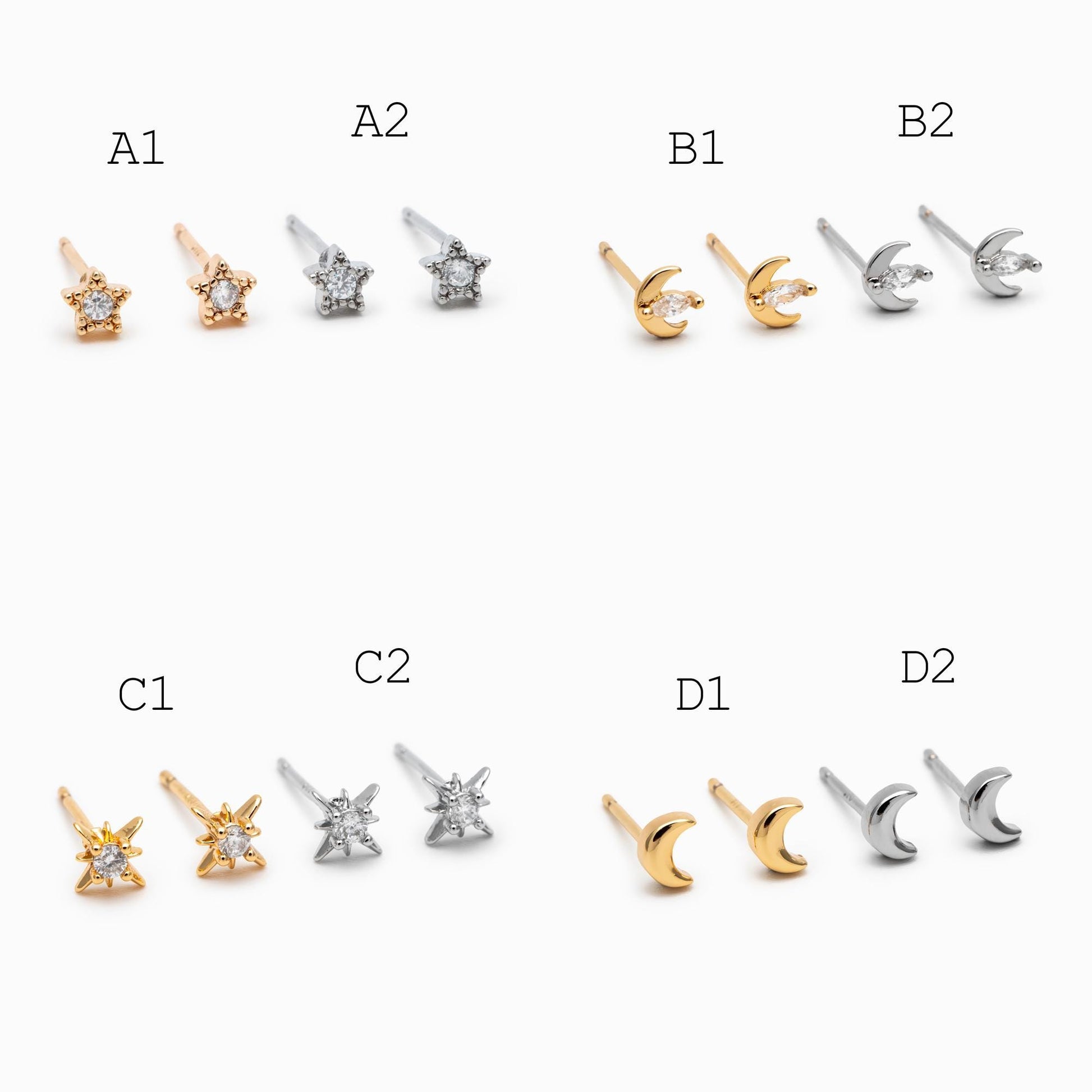 10pcs Minimalist Gold Stud Earring - Sun, Moon, Star Styles (#GB-3041)