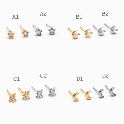 10pcs Minimalist Gold Stud Earring - Sun, Moon, Star Styles (#GB-3041)