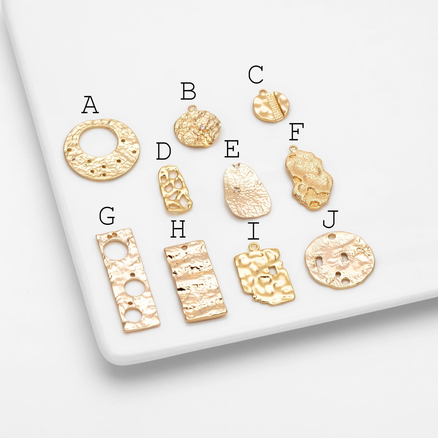 10pcs Gold Hammered Geometric Charms, 18K Gold plated Brass Rustic Pendants (GB-2977)