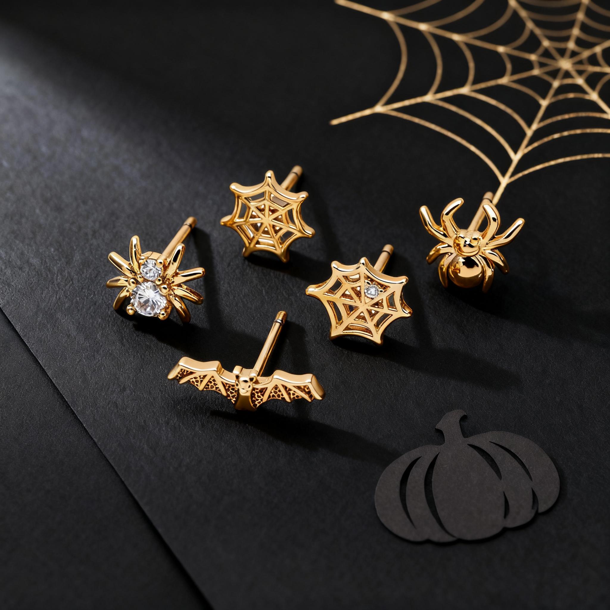 10pcs Gold/ Silver Spider Bat Earrings, Gold/ Rhodium Plated Brass Halloween Stud Earrings (GB-4110)