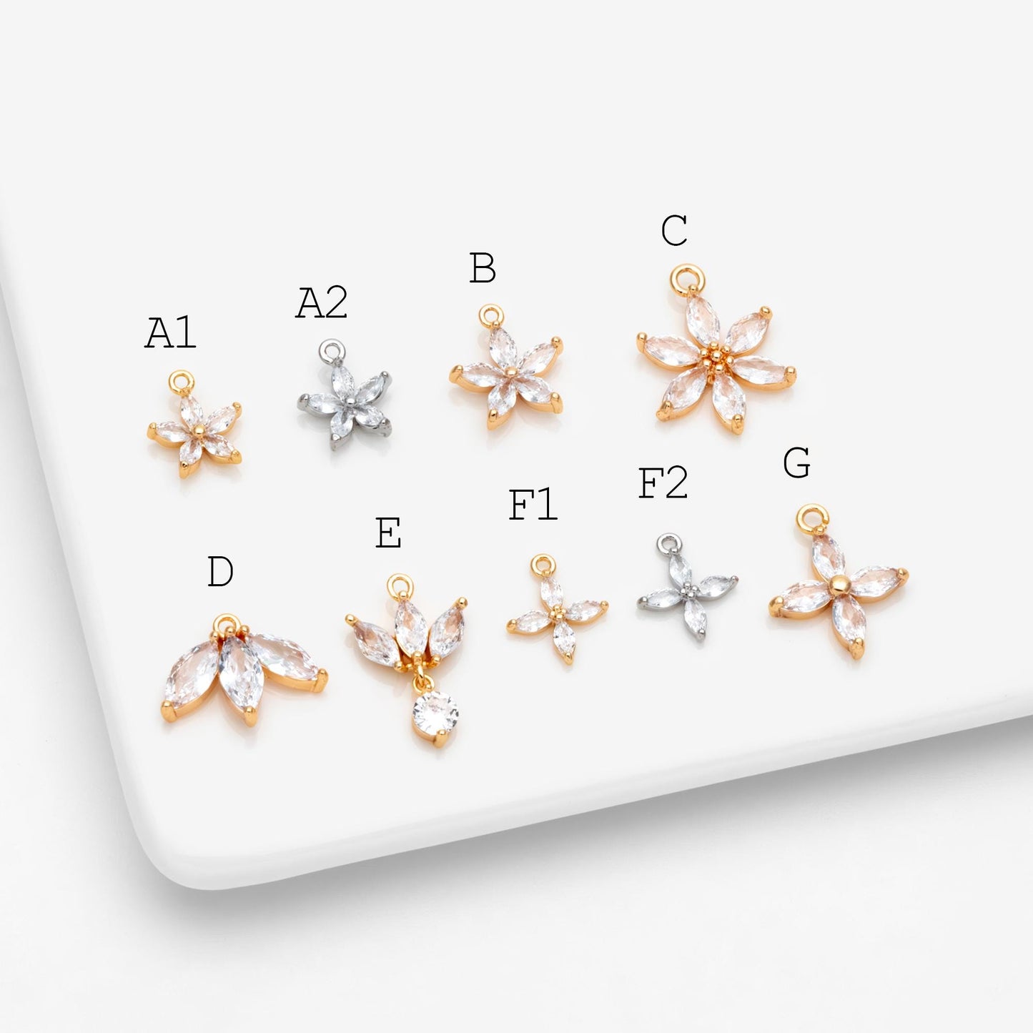 4pcs Gold/ Silver CZ Flower Charms , Real Gold/ Rhodium plated Brass, Cubic Zirconia Flower Pendants (GB-584)