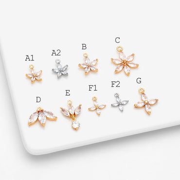 4pcs Gold/ Silver CZ Flower Charms , Real Gold/ Rhodium plated Brass, Cubic Zirconia Flower Pendants (GB-584)