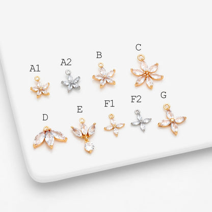 4pcs Gold/ Silver CZ Flower Charms , Real Gold/ Rhodium plated Brass, Cubic Zirconia Flower Pendants (GB-584)