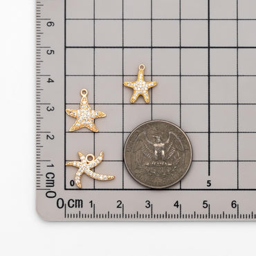 4pcs CZ Pave Gold Starfish Charms , Beach Style Mini Starfish Pendants (GB-722)
