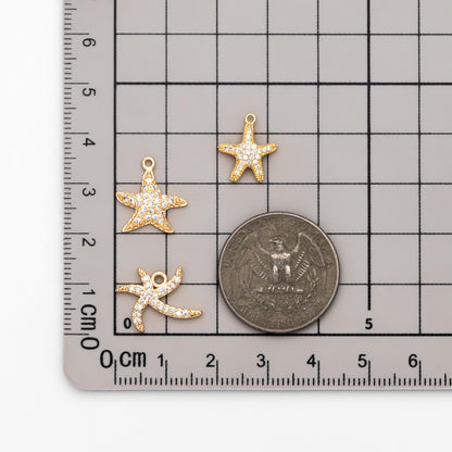 4pcs CZ Pave Gold Starfish Charms , Beach Style Mini Starfish Pendants (GB-722)