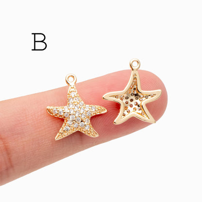 4pcs CZ Pave Gold Starfish Charms , Beach Style Mini Starfish Pendants (GB-722)