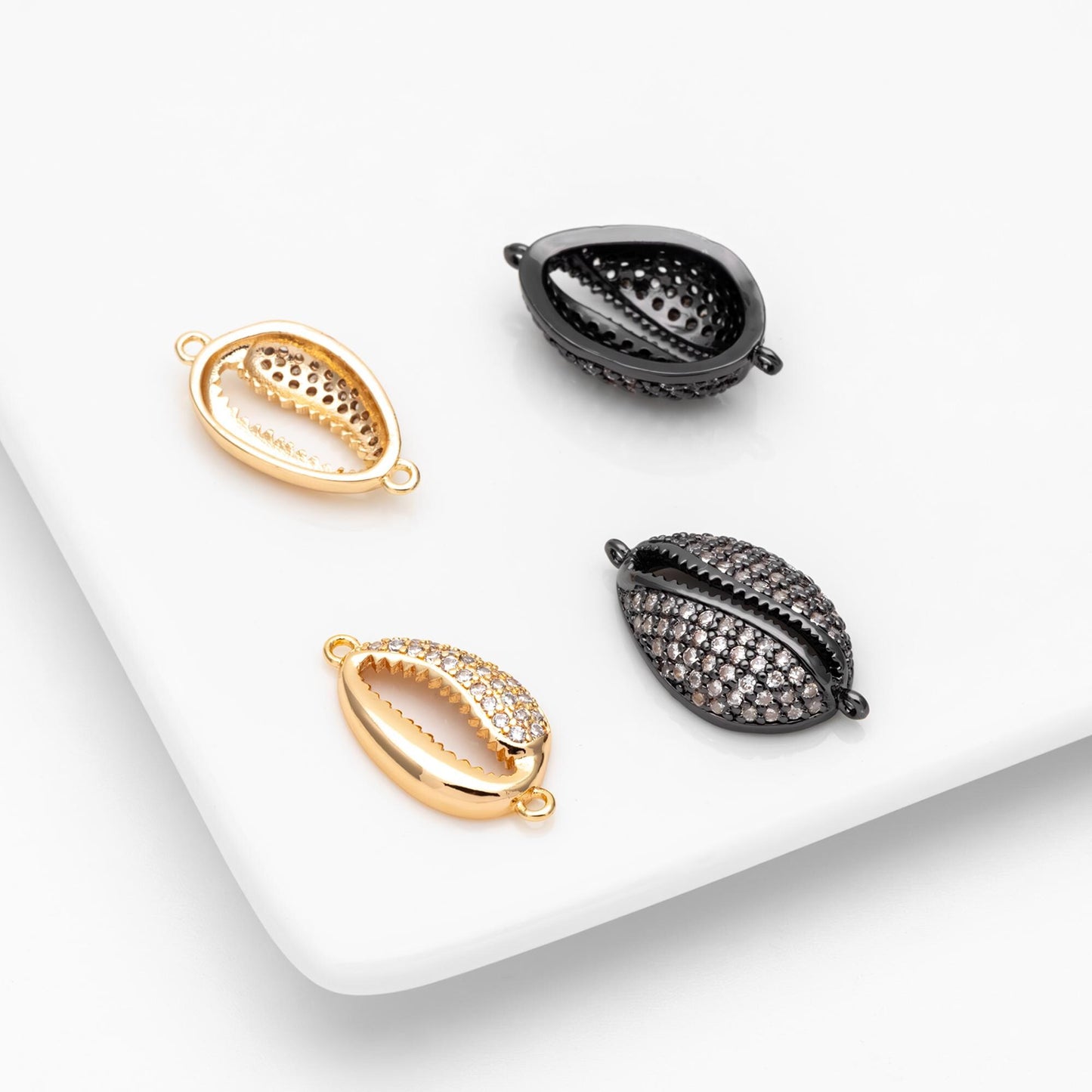 4pcs CZ Pave Shell Connector, Cowrie Shell Charm Pendant, Seashell Charms (GB-1583)