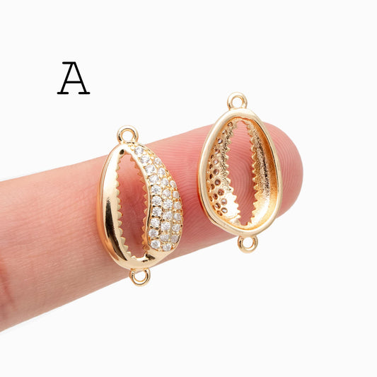 4pcs CZ Pave Shell Connector, Cowrie Shell Charm Pendant, Seashell Charms (GB-1583)