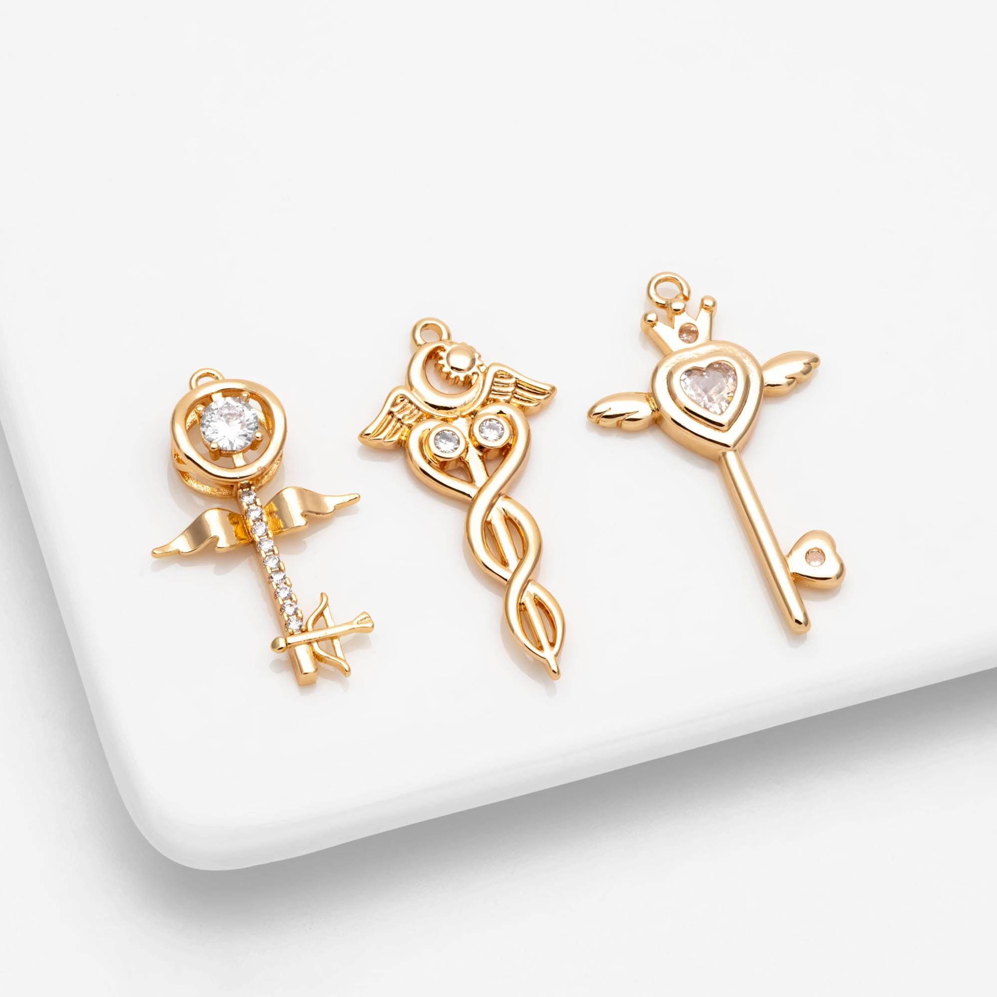 4pcs Gold Winged Key Charms: CZ Pave Fairy Wand Pendants (GB-2638)