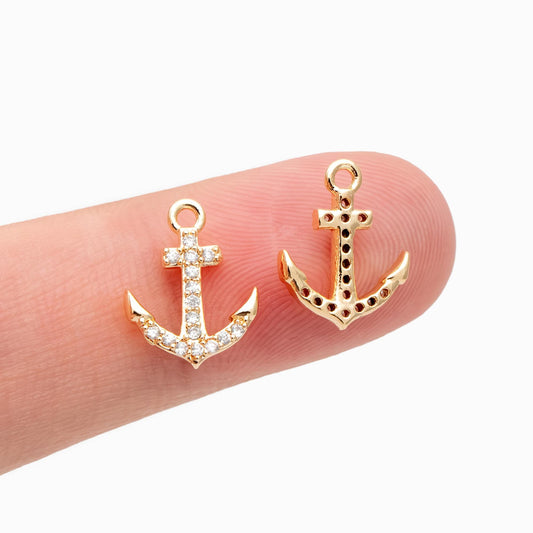 4pcs CZ Pave Gold Anchor Charms: Nautical Pendant Findings (GB-3746-C)
