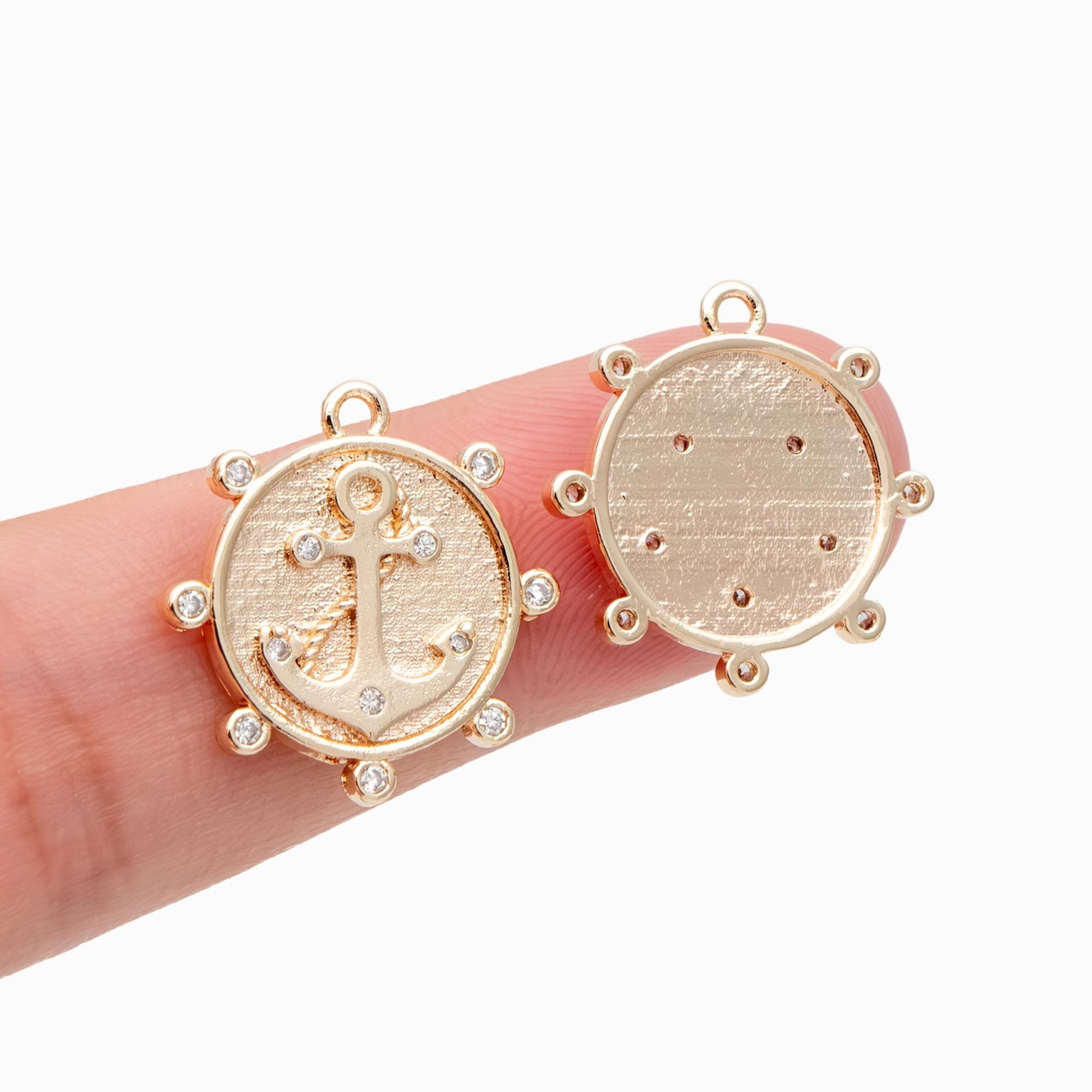 4pcs Gold Anchor Disc Charms 18mm, 18K Gold plated Brass, Round Disk Anchor Pendants (GB-3746-D)