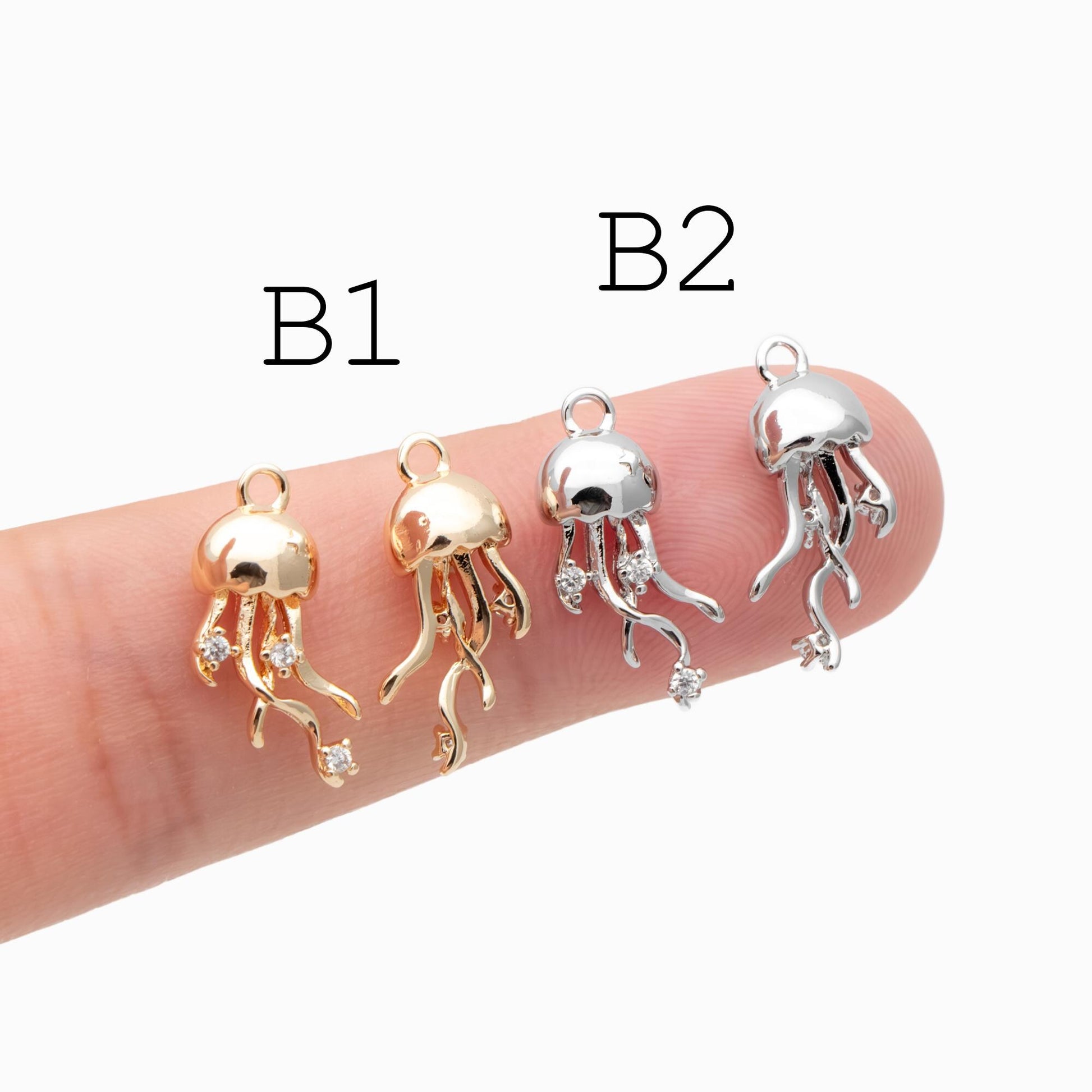 4pcs CZ Pave Gold/ Silver Tone Conch/ Jellyfish Charms, 18K Gold/ Rhodium plated Brass, Dainty Beach Jewelry (GB-4643)