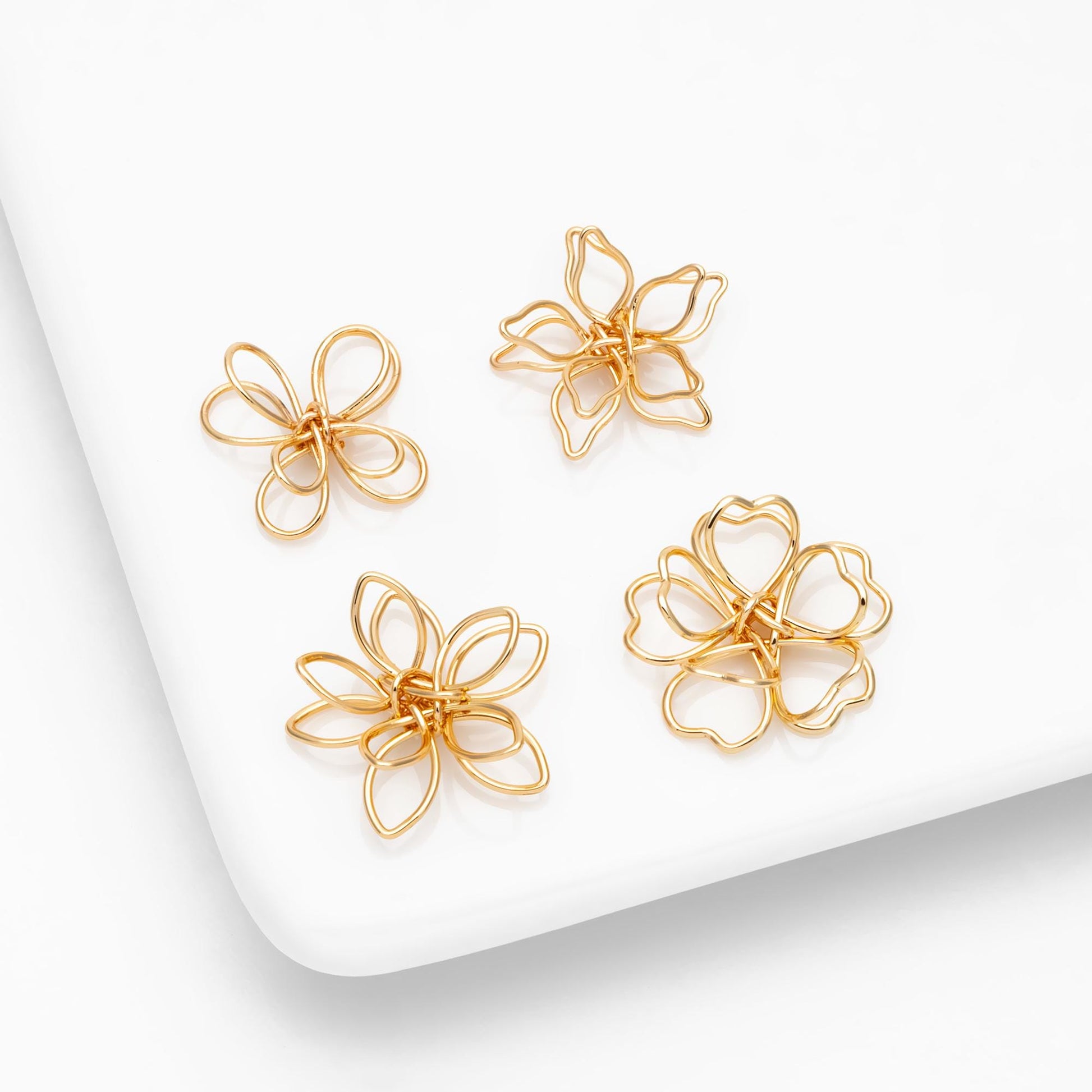 10pcs Gold/ Silver Tone Iron Wire Flowers, Gold/ Rhodium plated Iron, Hand-Wired Floral Charm Pendant Connectors (GB-720)