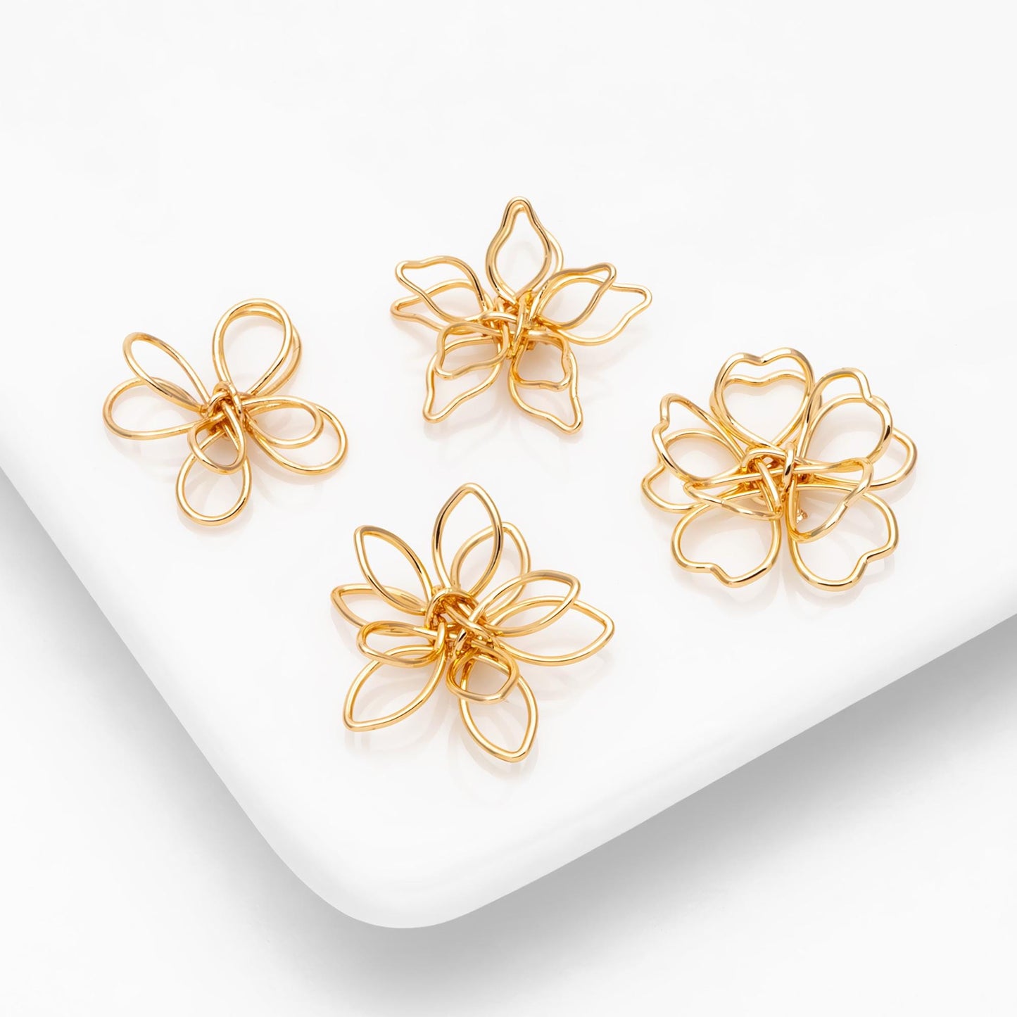 10pcs Gold/ Silver Tone Iron Wire Flowers, Gold/ Rhodium plated Iron, Hand-Wired Floral Charm Pendant Connectors (GB-720)