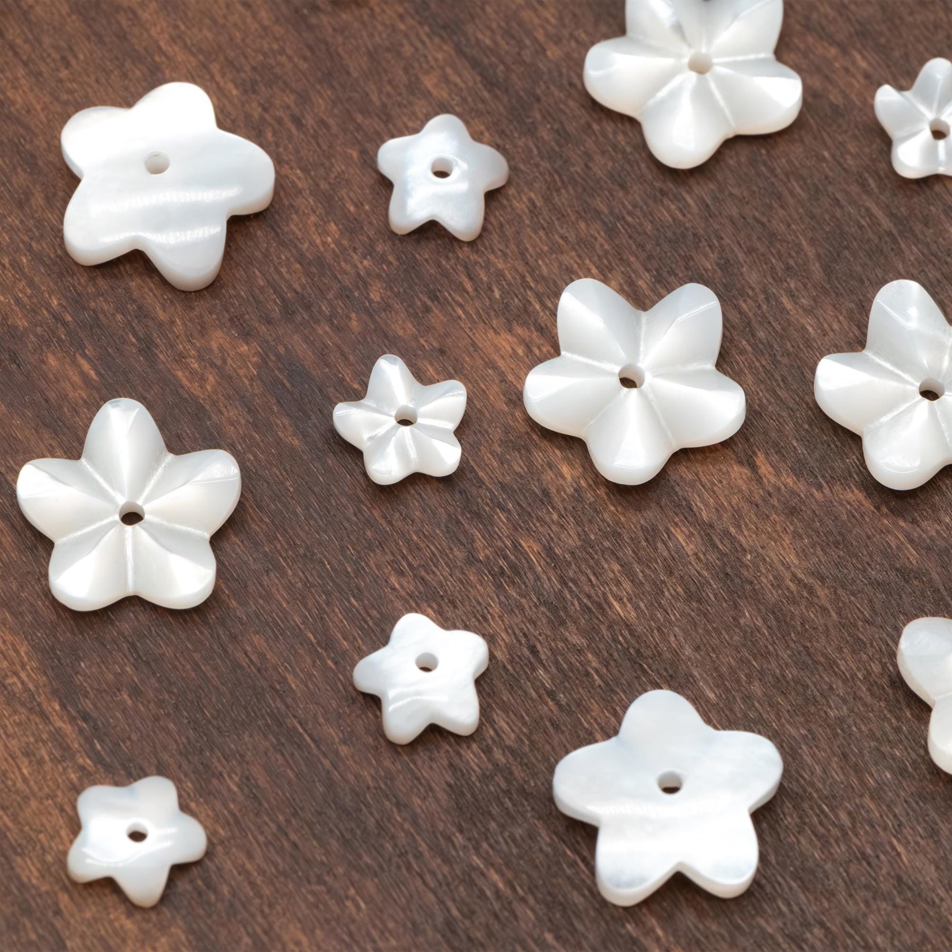 10pcs White Mother of Pearl Carved 3D Flowers 6/ 10mm, Center Drilled Shell Beads (#V1296)