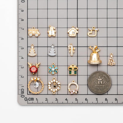 4pcs CZ Pave Christmas Charms: 18K Gold Plated Brass, DIY Jewelry Making, (GB-713)