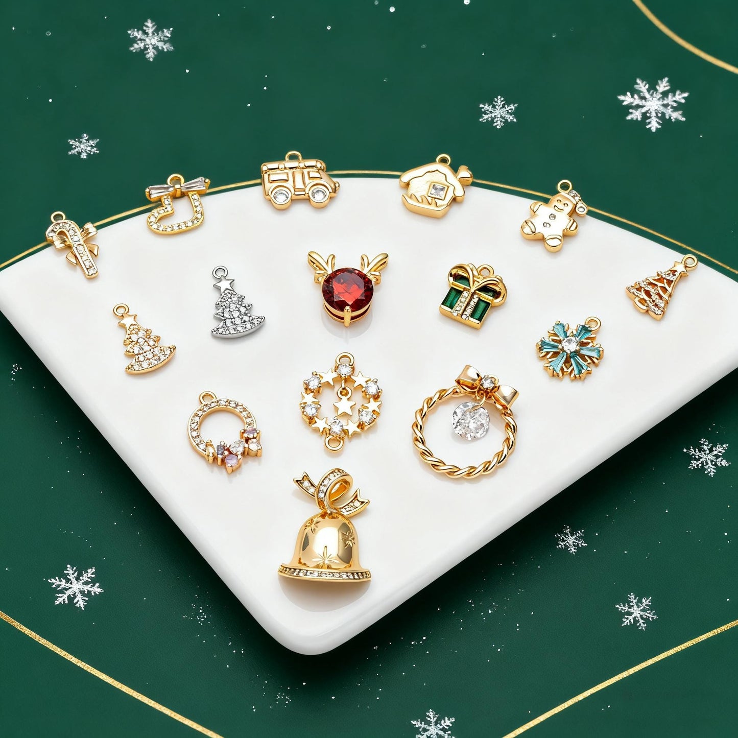 4pcs CZ Pave Christmas Charms: 18K Gold Plated Brass, DIY Jewelry Making, (GB-713)
