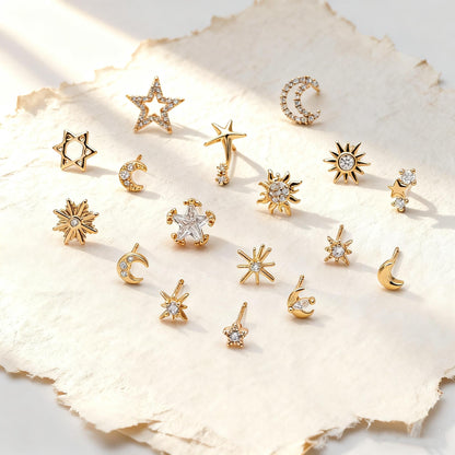 10pcs Minimalist Gold Stud Earring - Sun, Moon, Star Styles (#GB-3041)