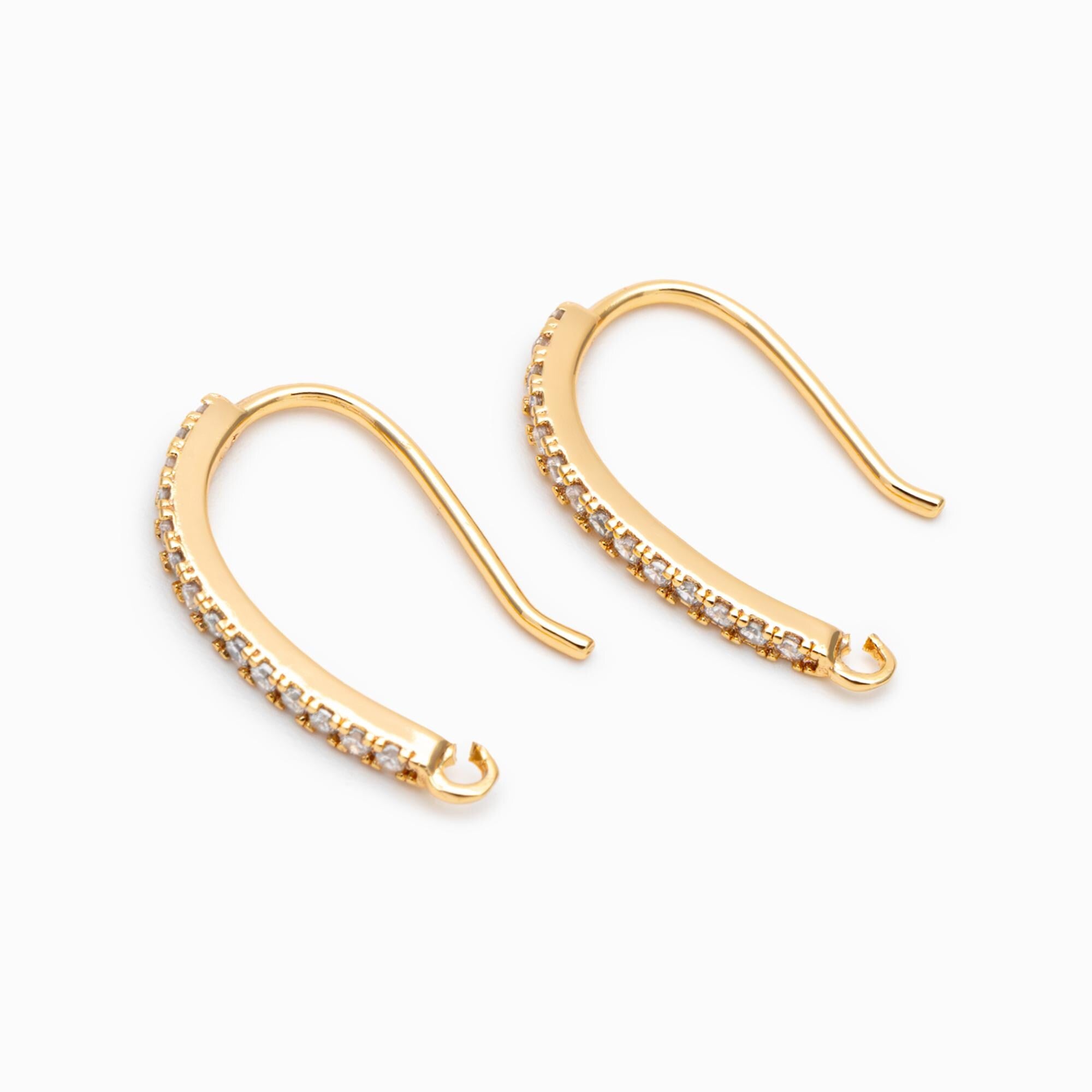 4pcs CZ Pave Gold/ Silver Earring Hooks 21x14mm, 18K Gold/ Rhodium Plated Brass Earwires, Sparkly Earring Components (GB-586)