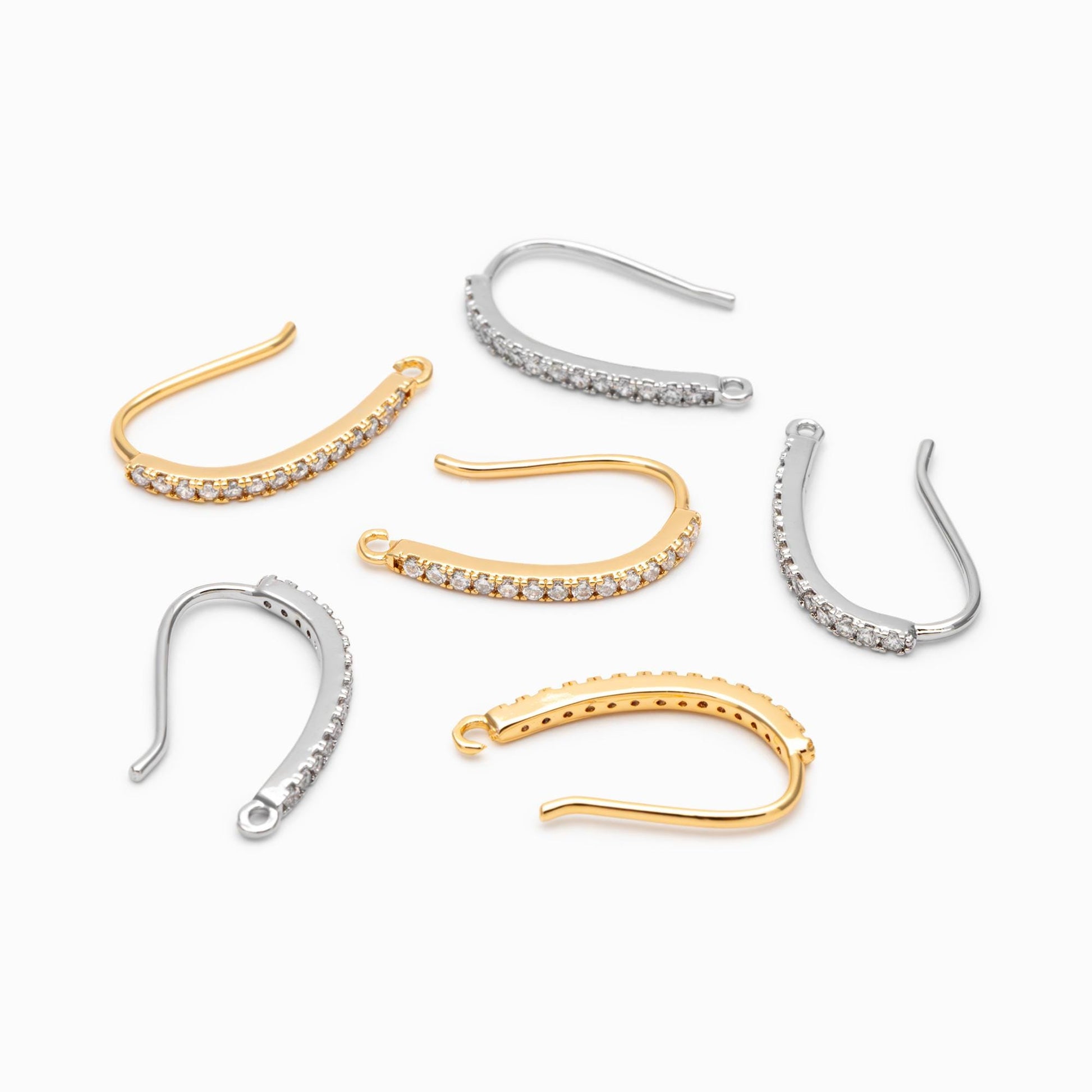 10pcs CZ Pave Gold/ Silver Earring Hooks 21x14mm, 18K Gold/ Rhodium Plated Brass Earwires, Sparkly Earring Components (GB-586)