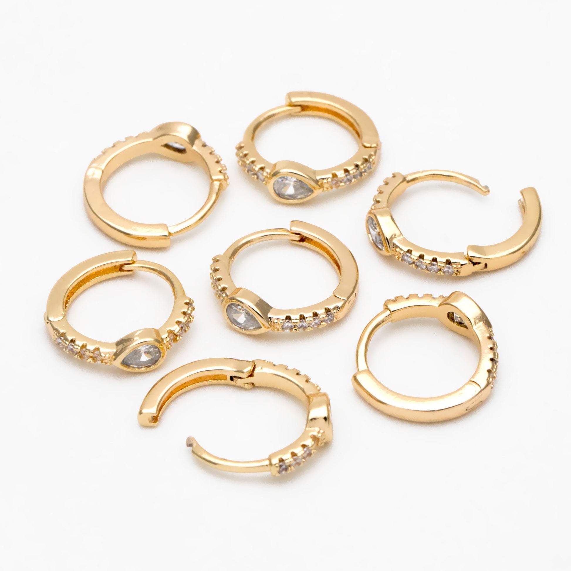 4pcs CZ Pave Teardrop Hoop Earrings, Round Leverback Ear Hooks 14mm, 18K Gold plated Brass, Earring Component Findings (GB-3826-E)