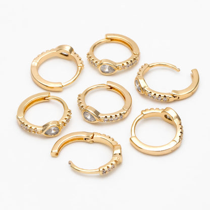 4pcs CZ Pave Teardrop Hoop Earrings, Round Leverback Ear Hooks 14mm, 18K Gold plated Brass, Earring Component Findings (GB-3826-E)