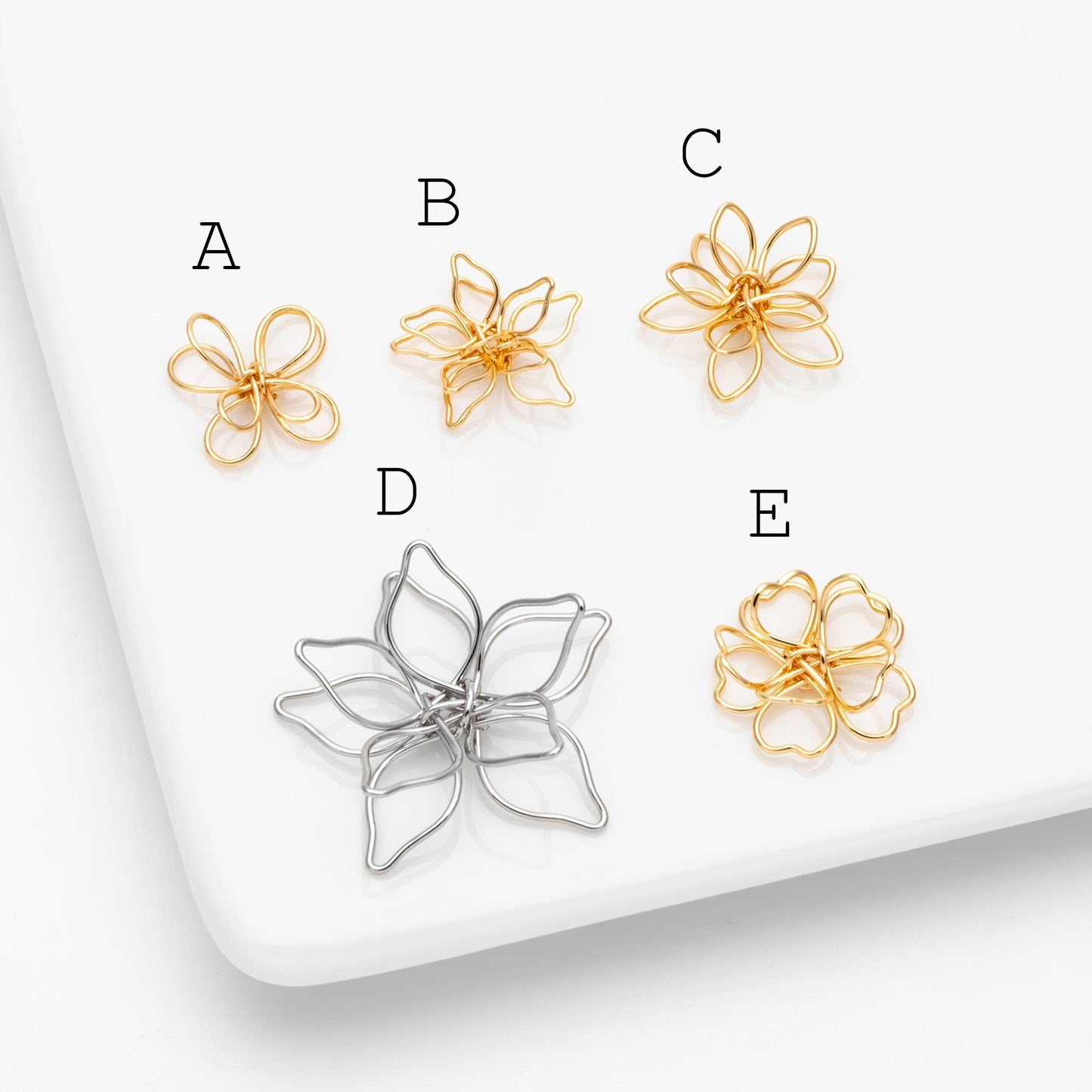 10pcs Gold/ Silver Tone Iron Wire Flowers, Gold/ Rhodium plated Iron, Hand-Wired Floral Charm Pendant Connectors (GB-720)