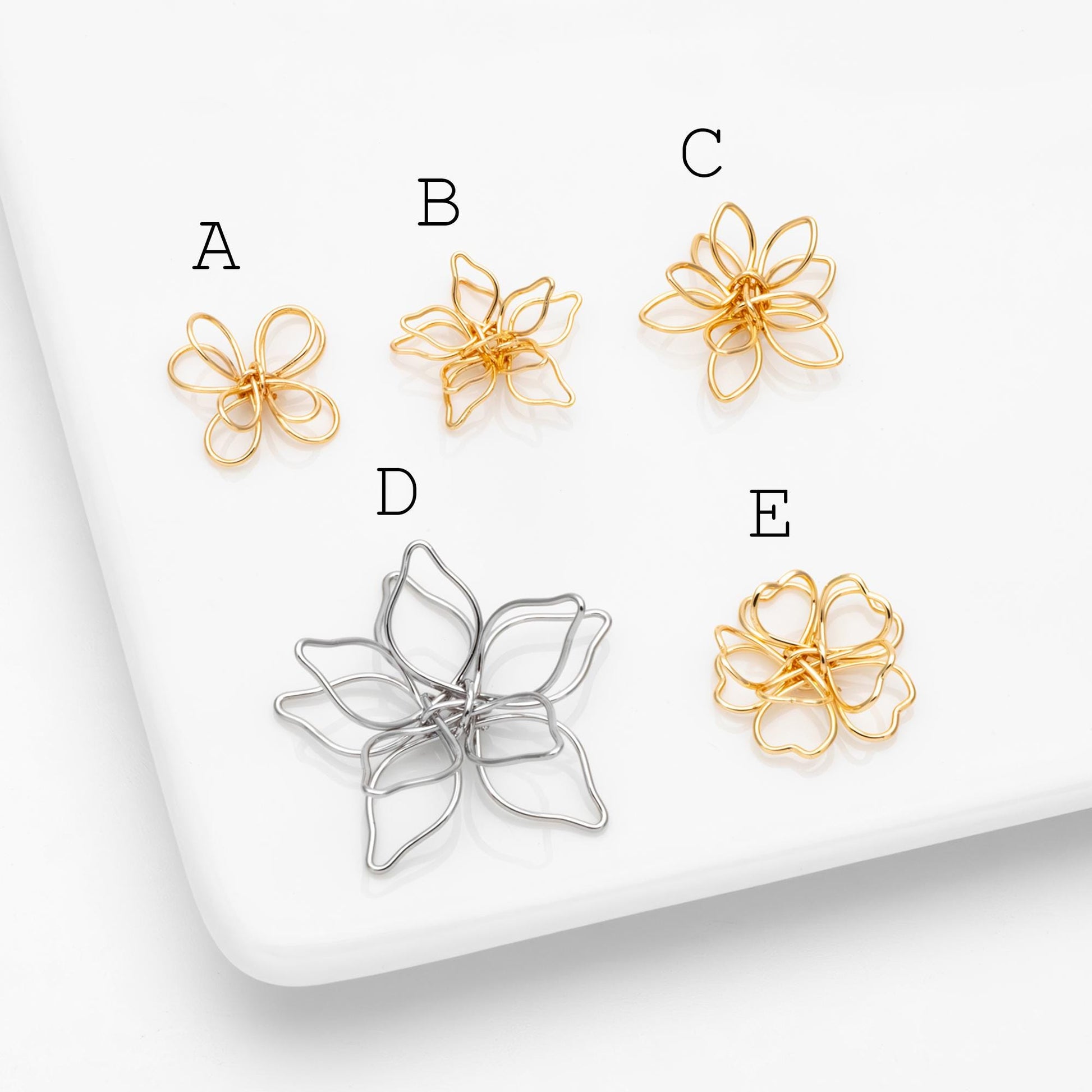 10pcs Gold/ Silver Tone Iron Wire Flowers, Gold/ Rhodium plated Iron, Hand-Wired Floral Charm Pendant Connectors (GB-720)