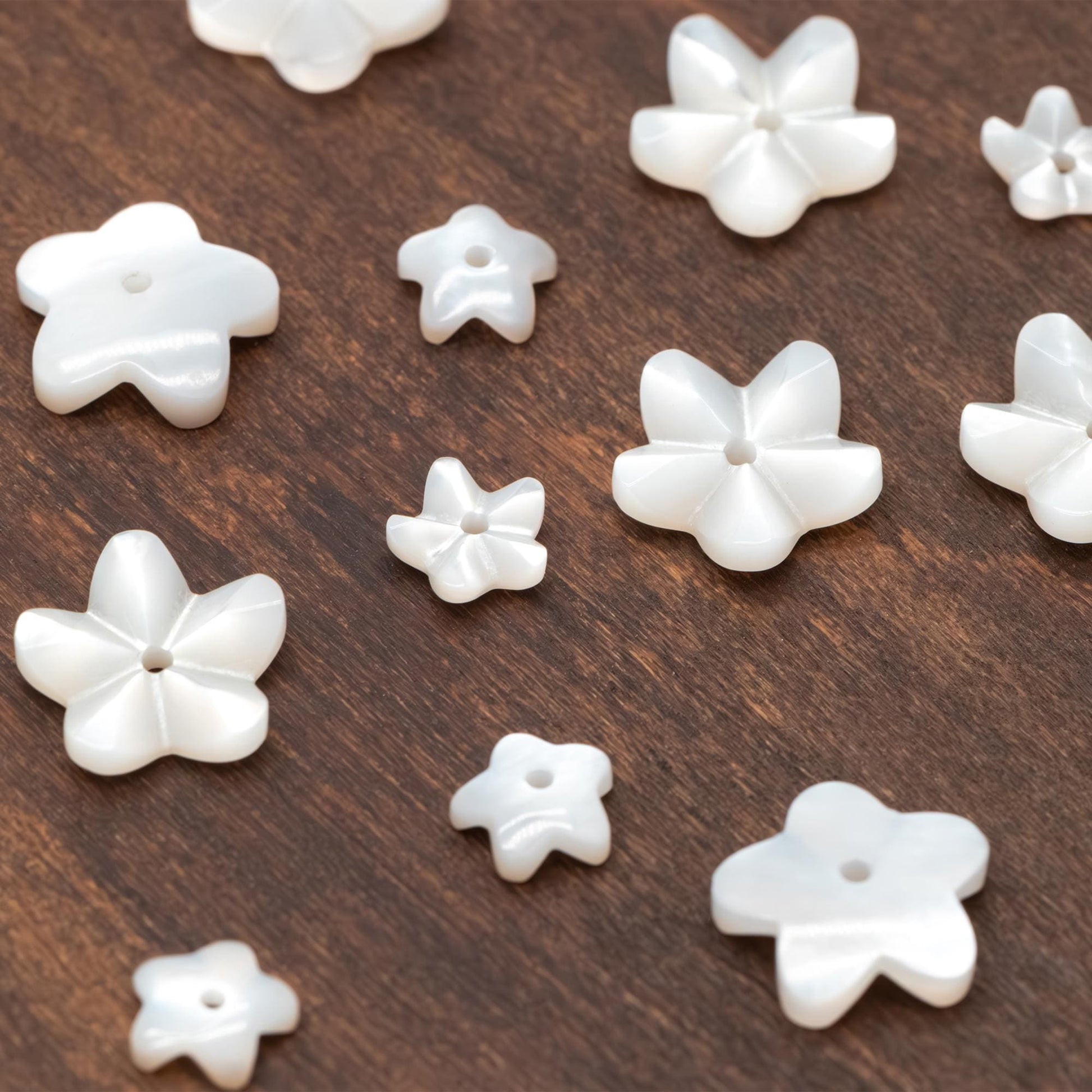 10pcs White Mother of Pearl Carved 3D Flowers 6/ 10mm, Center Drilled Shell Beads (#V1296)