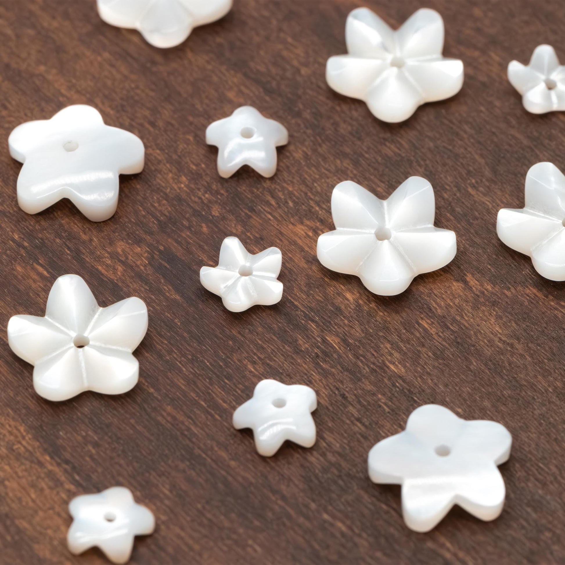 10pcs White Mother of Pearl Carved 3D Flowers 6/ 10mm, Center Drilled Shell Beads (#V1296)