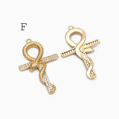 4pcs CZ pave Gold Cross Pendant, Christian Cross Pendant, Snake Charms, Ankh, Jewelry Supplies (GB-2288)