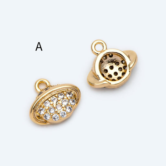 4pcs CZ pave Gold Saturn Charms , Gold plated Brass Planet Pendants, DIY Earring Necklace Components (GB-1173)