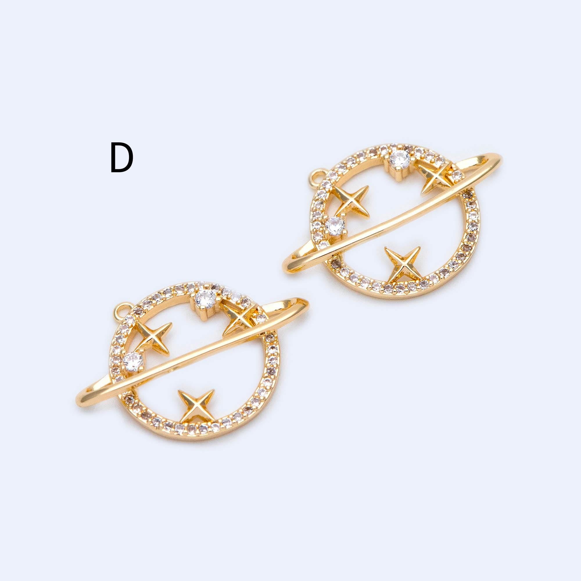 4pcs CZ pave Gold Saturn Charms , Gold plated Brass Planet Pendants, DIY Earring Necklace Components (GB-1173)