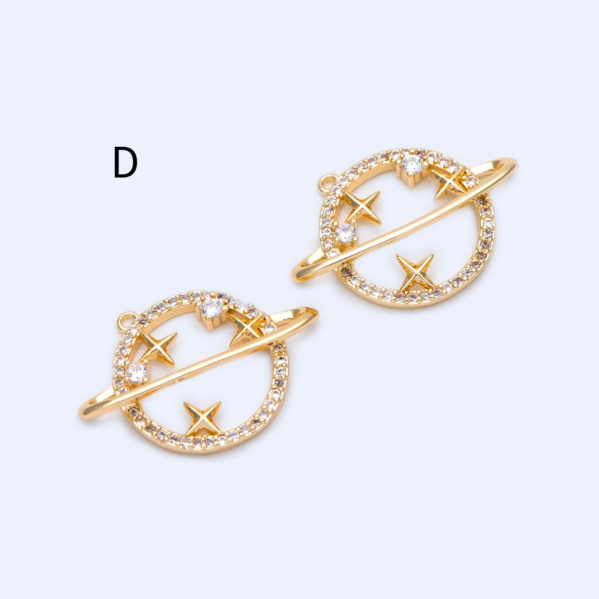 4pcs CZ pave Gold Saturn Charms , Gold plated Brass Planet Pendants, DIY Earring Necklace Components (GB-1173)