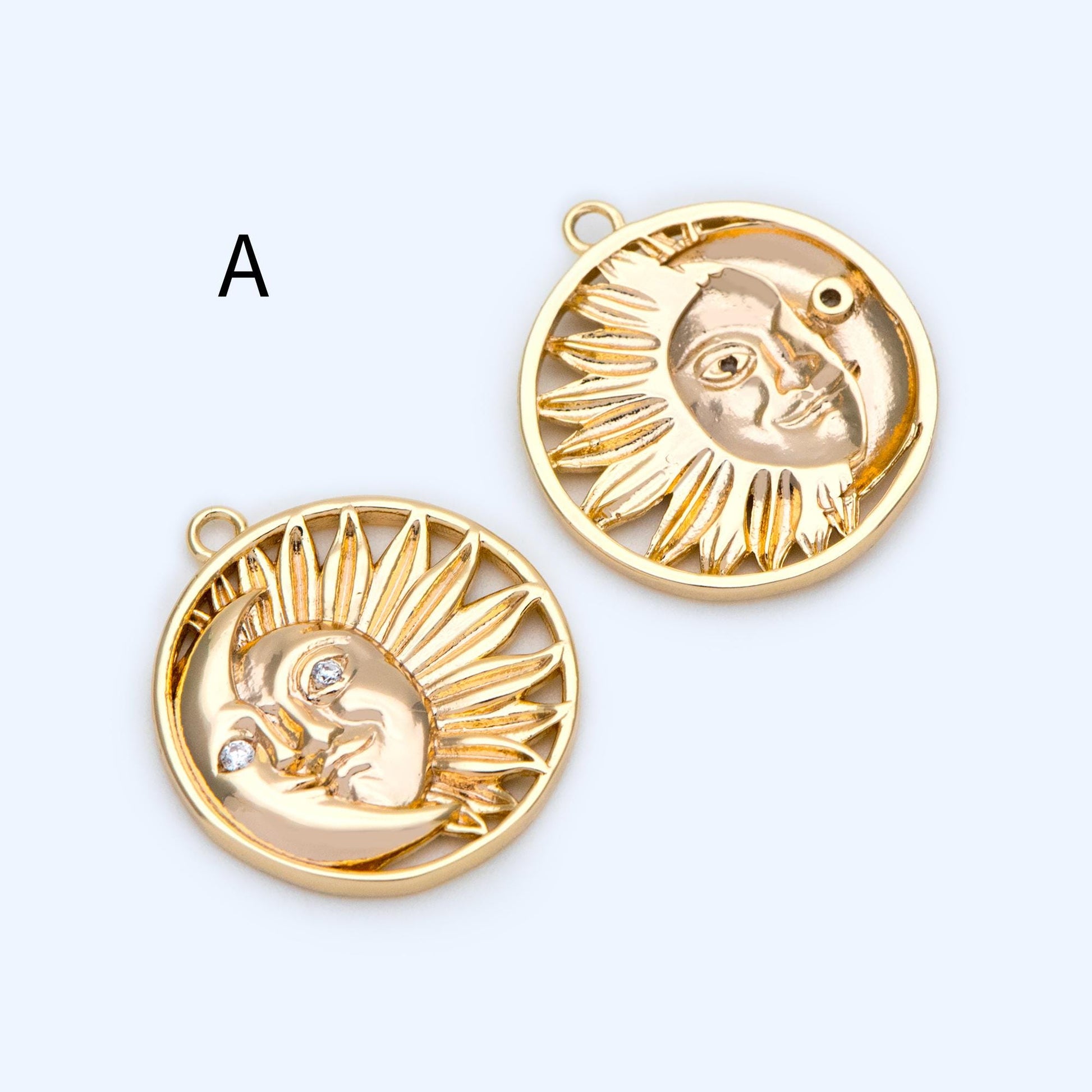 4pcs Gold Sun Moon Star Charms, 18K Gold plated Brass, CZ Pave Celetial Pendants (GB-2991)
