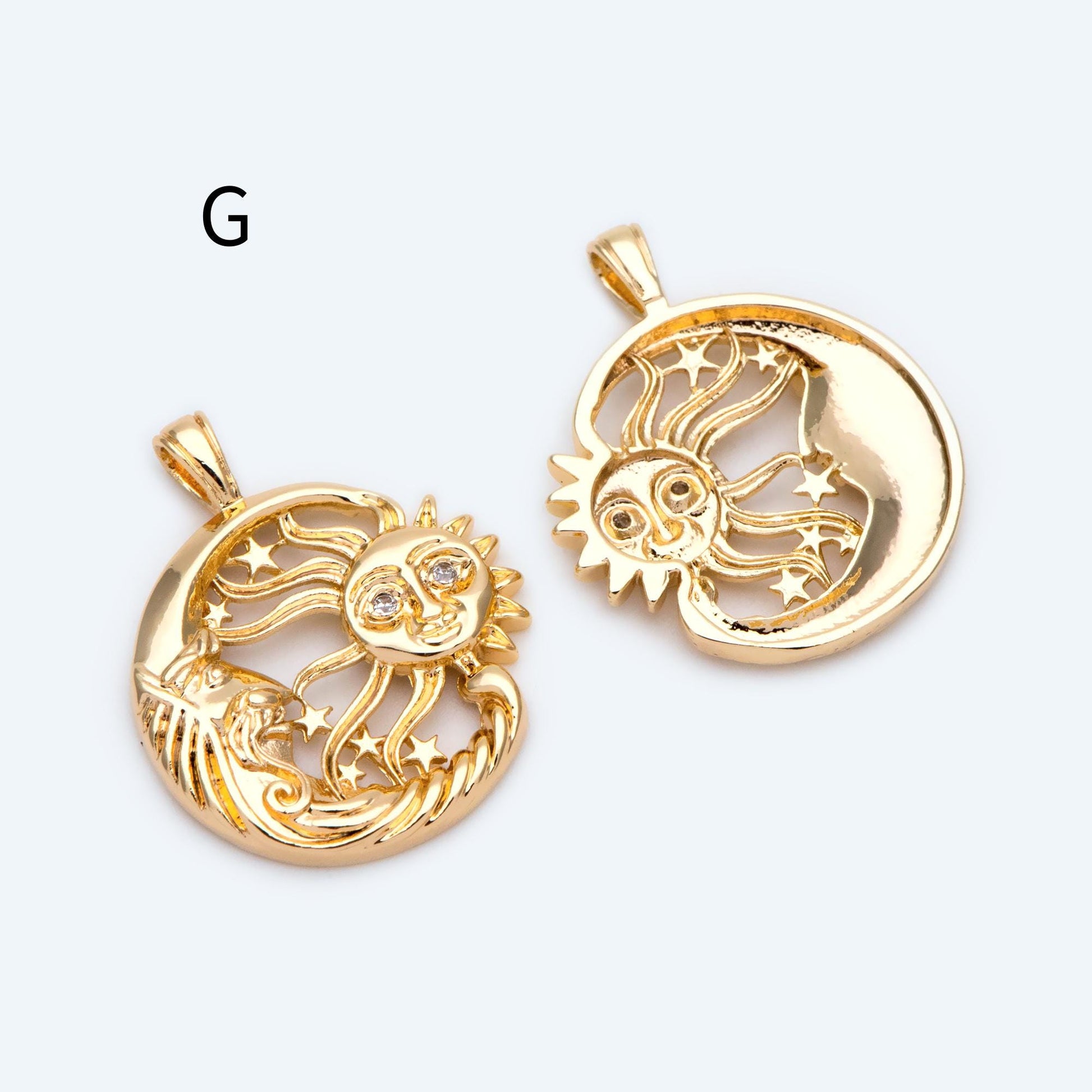 4pcs Gold Sun Moon Star Charms, 18K Gold plated Brass, CZ Pave Celetial Pendants (GB-2991)