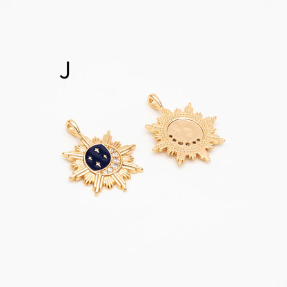 4pcs Gold Sun Moon Star Charms, 18K Gold plated Brass, CZ Pave Celetial Pendants (GB-2991)