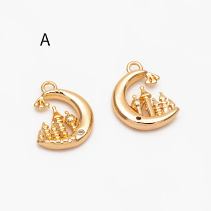 4pcs CZ pave Gold/ Silver Moon Star Charms, 18K Gold/ Rhodium plated Brass Moon Pendants (GB-2433)