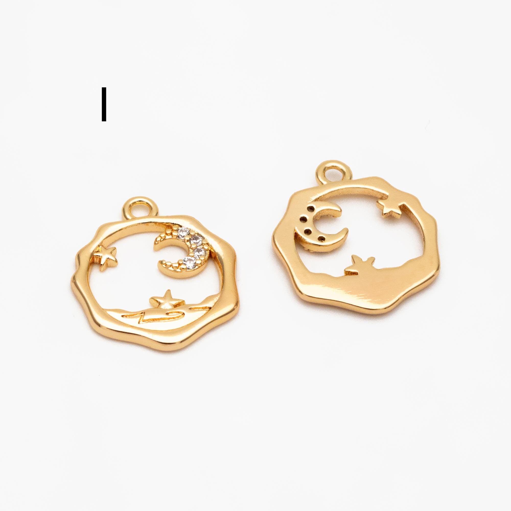 4pcs CZ pave Gold/ Silver Moon Star Charms, 18K Gold/ Rhodium plated Brass Moon Pendants (GB-2433)